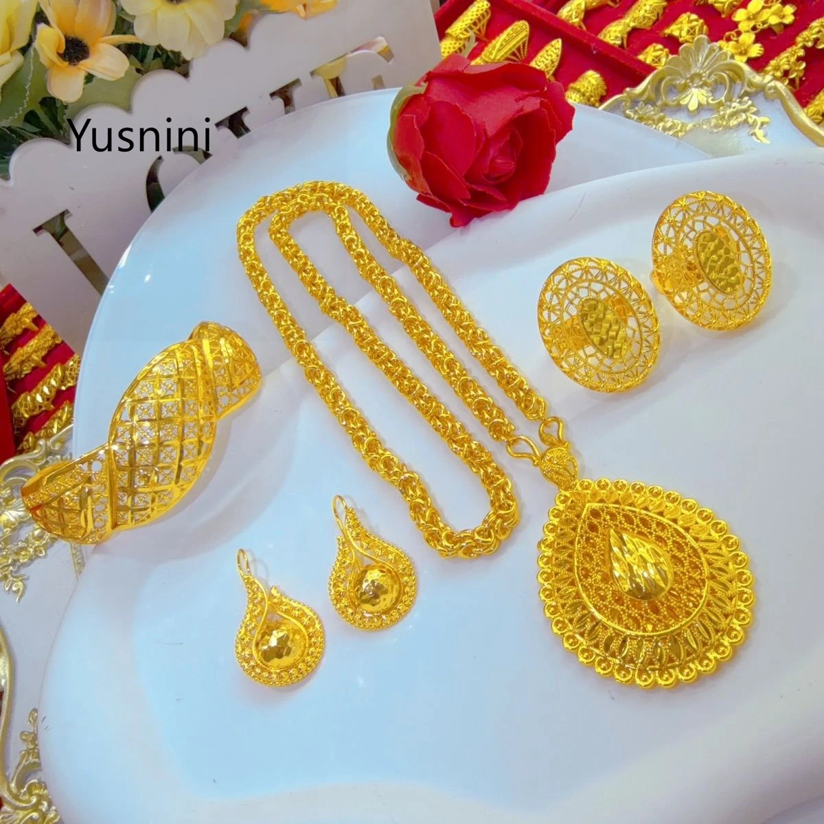 New Fashionable High end Dubai 24K Gold Plated Necklace Earrings Rings Bracelets Romantic Wedding Party Jewelry Set for Lovers 7
