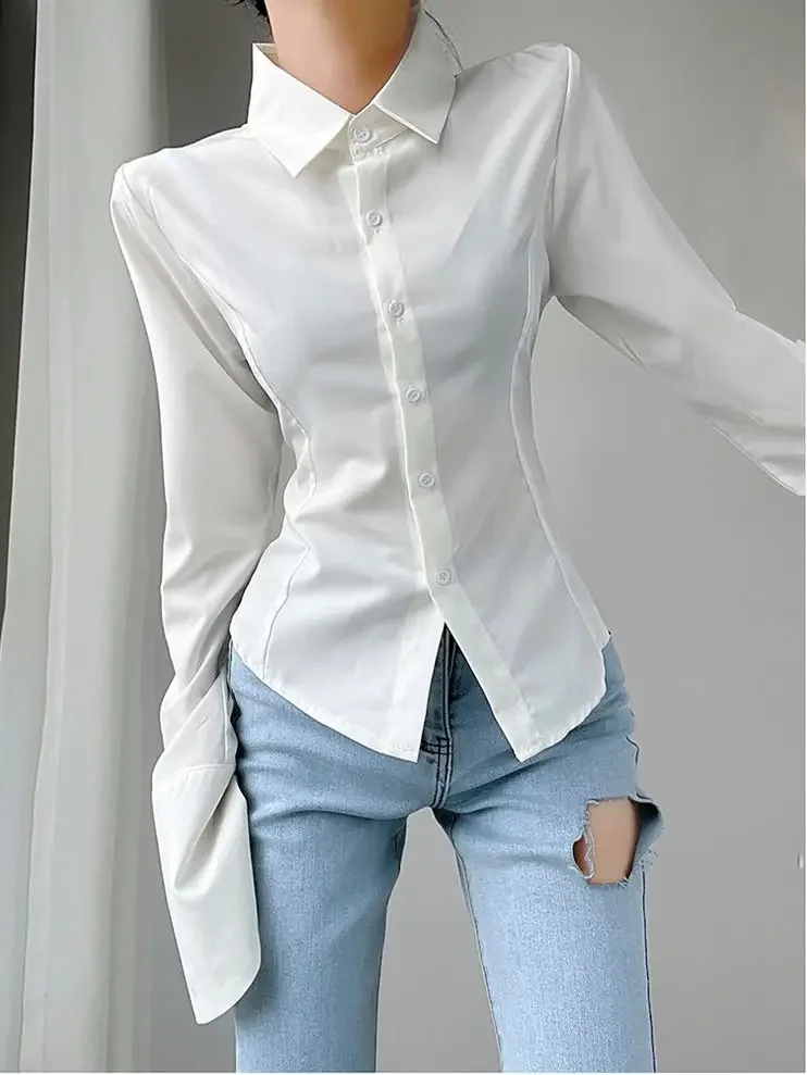 قميص نسائي لخريف 2025 قمصان بخصر نحيف وأربطة أنيقة على الموضة الكورية بياقة مقلوبة قمصان De Mujer #2