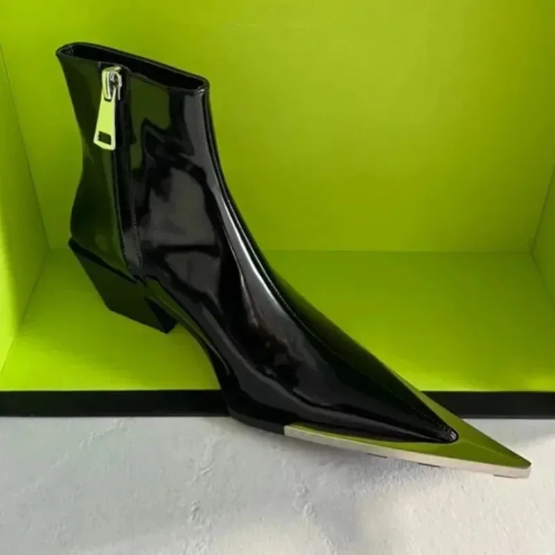 Botas Chelsea de Diseño de Lujo para Mujer, Botines Negros con Tacón Grueso y Decoración Metálica en la Puntera, Zapatos de Tacón Alto para Mujer