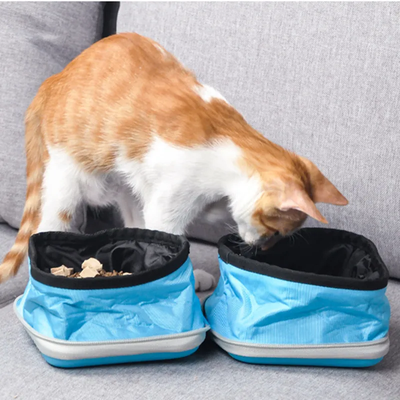 

Pet Supplies Folding Pet Bowl Going Out Dog Bowl Drinking Water Cat Feeding Double Bowl Hanging buckle storage bag