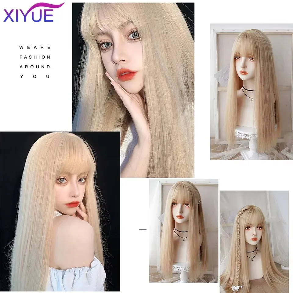 XIYUE Long Natural Wavy Platinum Blonde Wigs With Bangs Cosplay Party Lolita Synthetic Wigs for Women Heat Resistant Fiber image 5