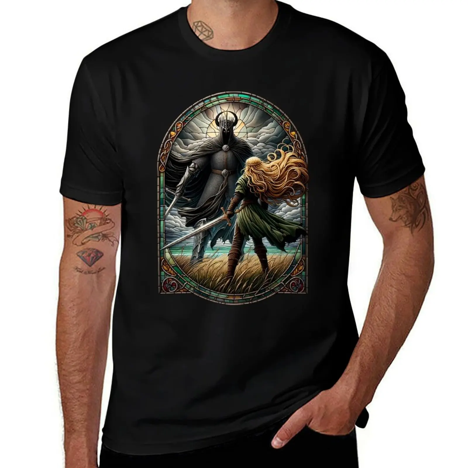 

Epic Duel in Stained Glass - A Fierce Maiden and a Dark Wraith - Fantasy T-Shirt Labor Work Casual T-Shirt