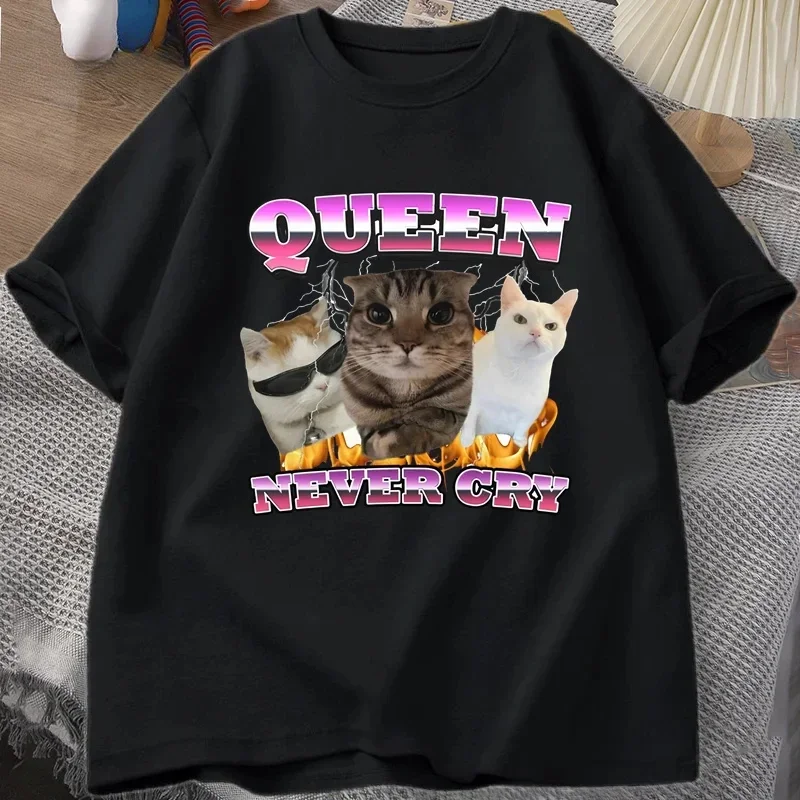 Queen Never Cry Fun Cat Fan T-Shirt Women's Silly Cat Casual Hip-Hop T-Shirt Fun Patterned Harajuku Short Sleeve Casual