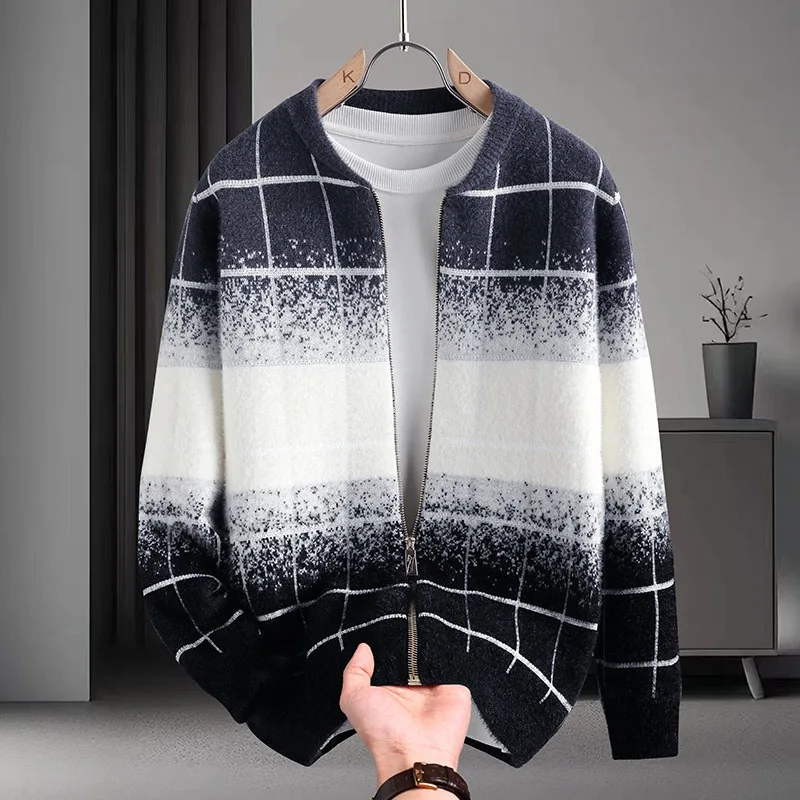 2025 men's autumn and winter new stand-up collar gradual change color jacquard long-sleeved cardigan sweater