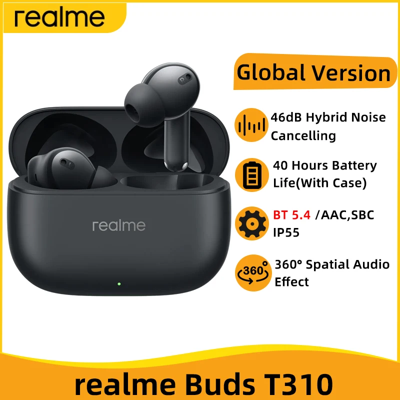 Global Version realme Buds T310 True Wireless Earphone 46dB Active Noise Cancelling TWS Earphone 40 Hours IP55 For realme 13 PRO