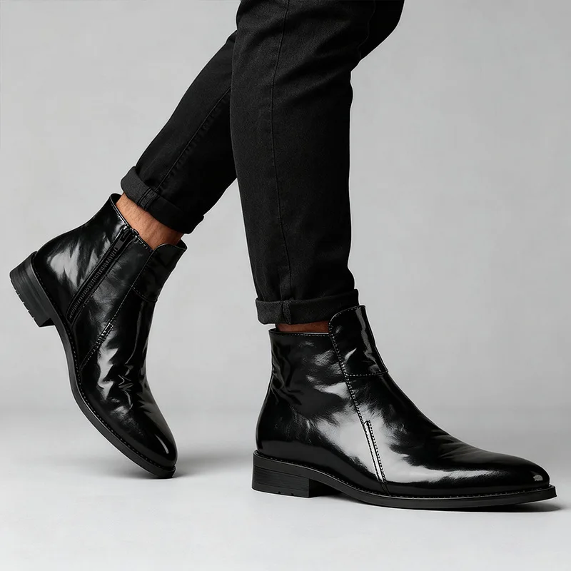 Chelsea boots retro British pointed high top leather boots casual leather shoes men's winter warm short boots with fleece