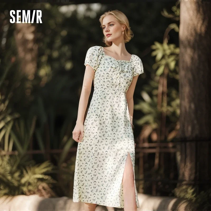 Semir Dress Women Split Bubble Sleeve Medium Long Dress 2024 Summer New Square Neck Chiffon Floral Dress Romantic Elegant