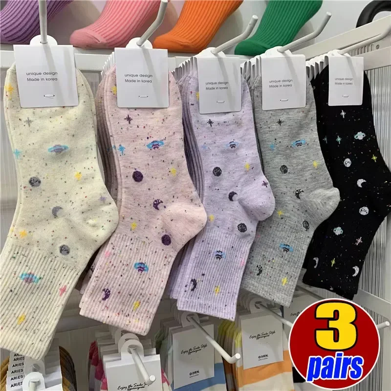 

3pairs For Women Harajuku Moon Stars Socks Funny Socks Cotton Korean Creative Warm Cute Novelty Casual Streetwear Pink Socking