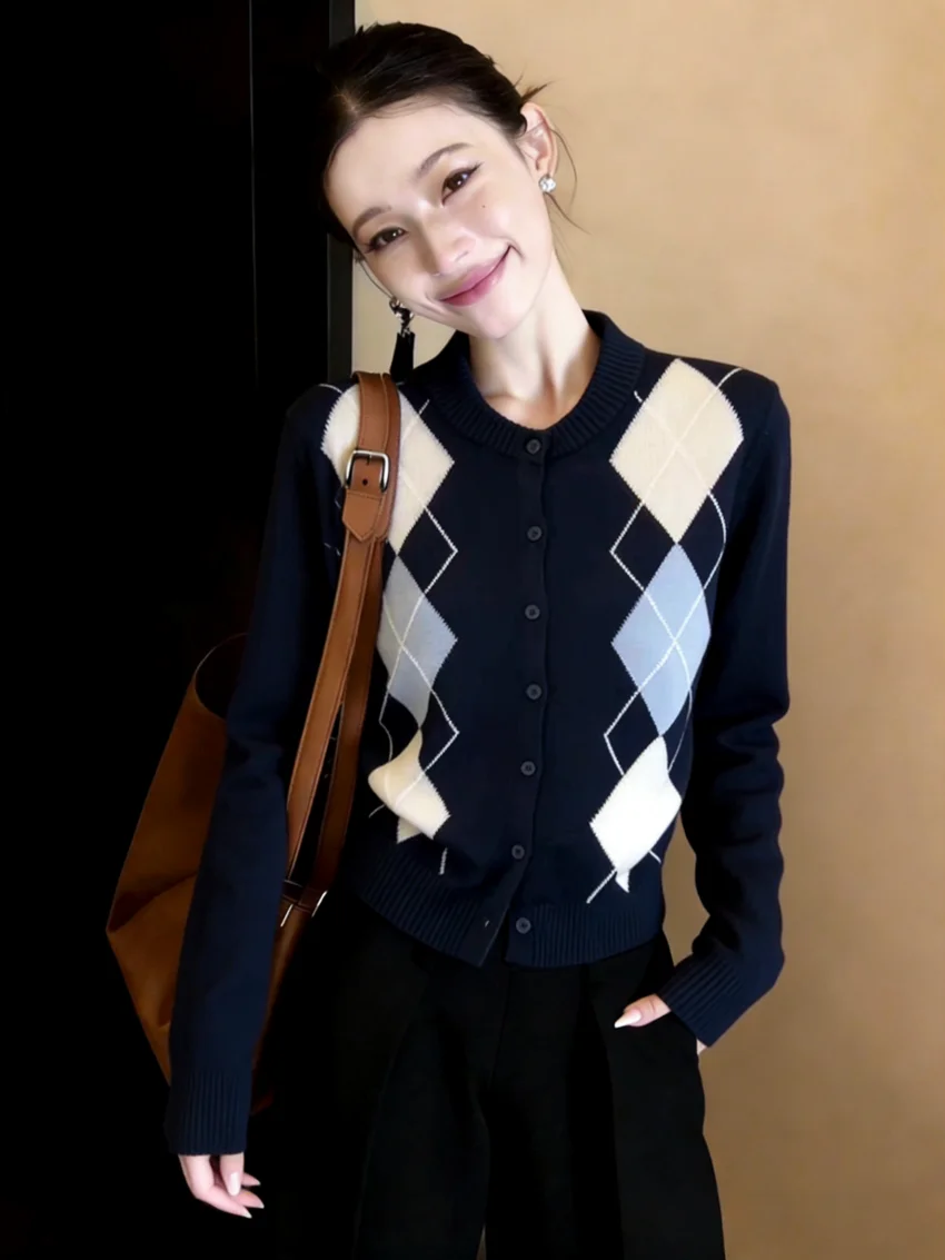 Retro Color Block Diamond Pattern Knitted Open Cardigan Women's Spring Summer Slim Fit round Neck Korean Style Top view 3
