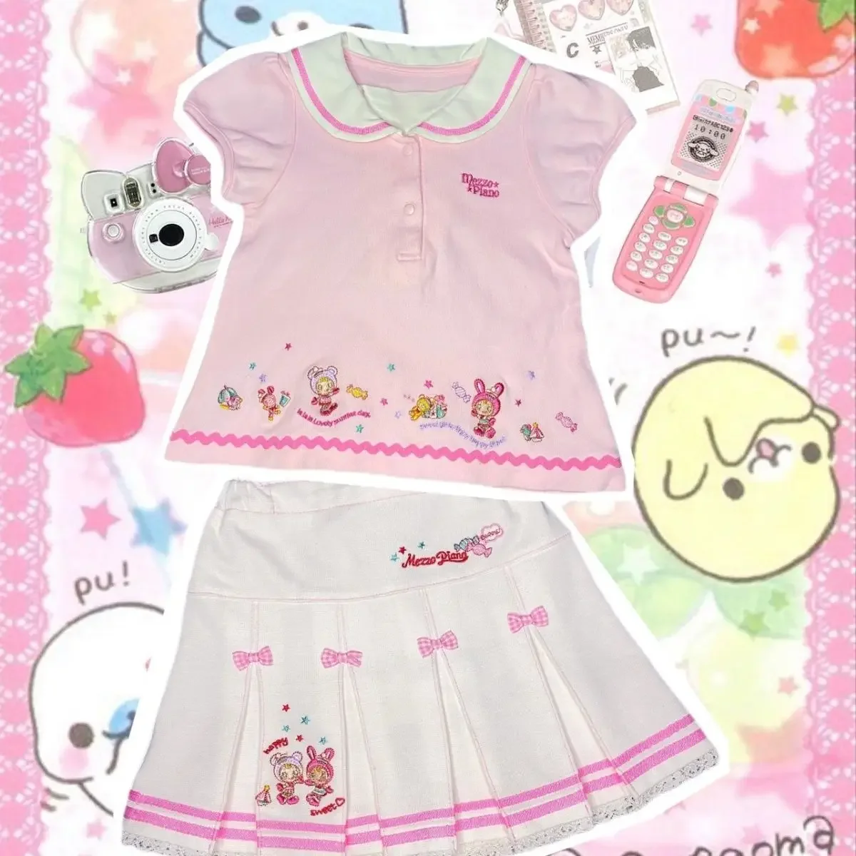 Summer New Sweet Girl 2 Piece Sets Sailor Collar Cartoon Embroidery Y2k Top + Cute Pink Pleated Skirt Daughter\'s Clothing Set