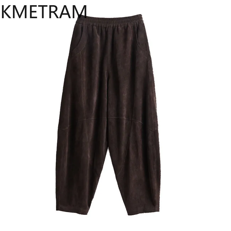 KMETRAM Crossbreed Sheep Suede Genuine Leather Pant Woman Casual Harem Trousers Wide Leg Pants for Woman Slim Pantalones Baggy