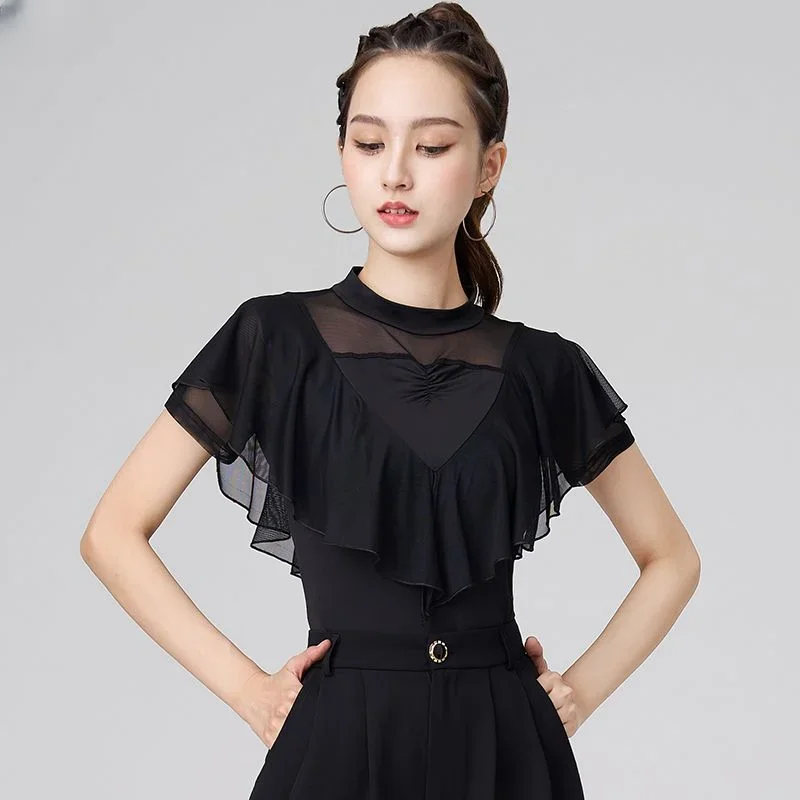 Latin Dance Clothing New Short Sleeve Shirt Female Professional Fashion Dance Clothes Advanced National Standard Dance Wear