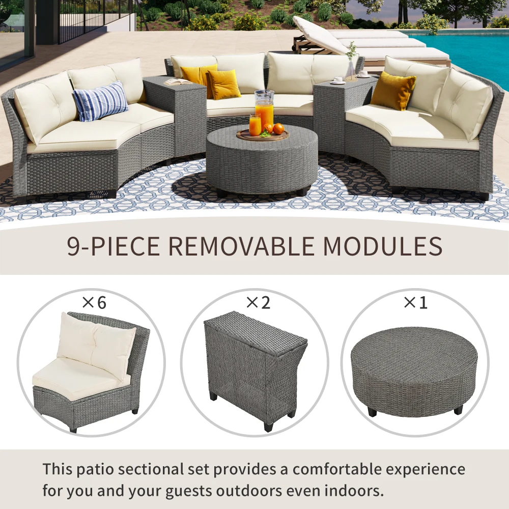 U_Style 6 - Person Fan-shaped Rattan Suit Combination with Cushions and Table,Suitable Garden Patio Furniture Set Outdoor Patio