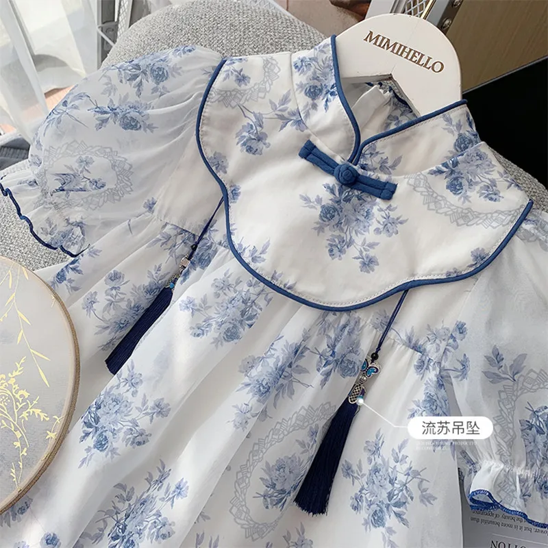 Qipao For Girls Summer Floral Dress 2-12 Years Chinese Style Cheongsam Traditional Ethnic Costume Child Girls Princess Dress