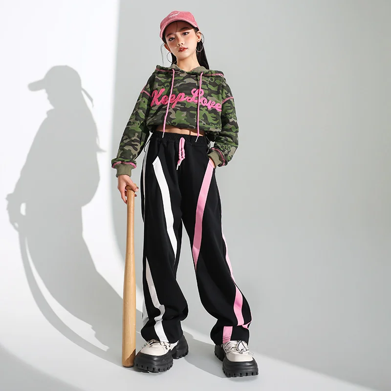 Kaus Hip Hop perempuan, atasan Crop Camo, kaus Hoodie, celana kargo kasual Untuk gadis Jazz jalanan, pakaian kostum dansa