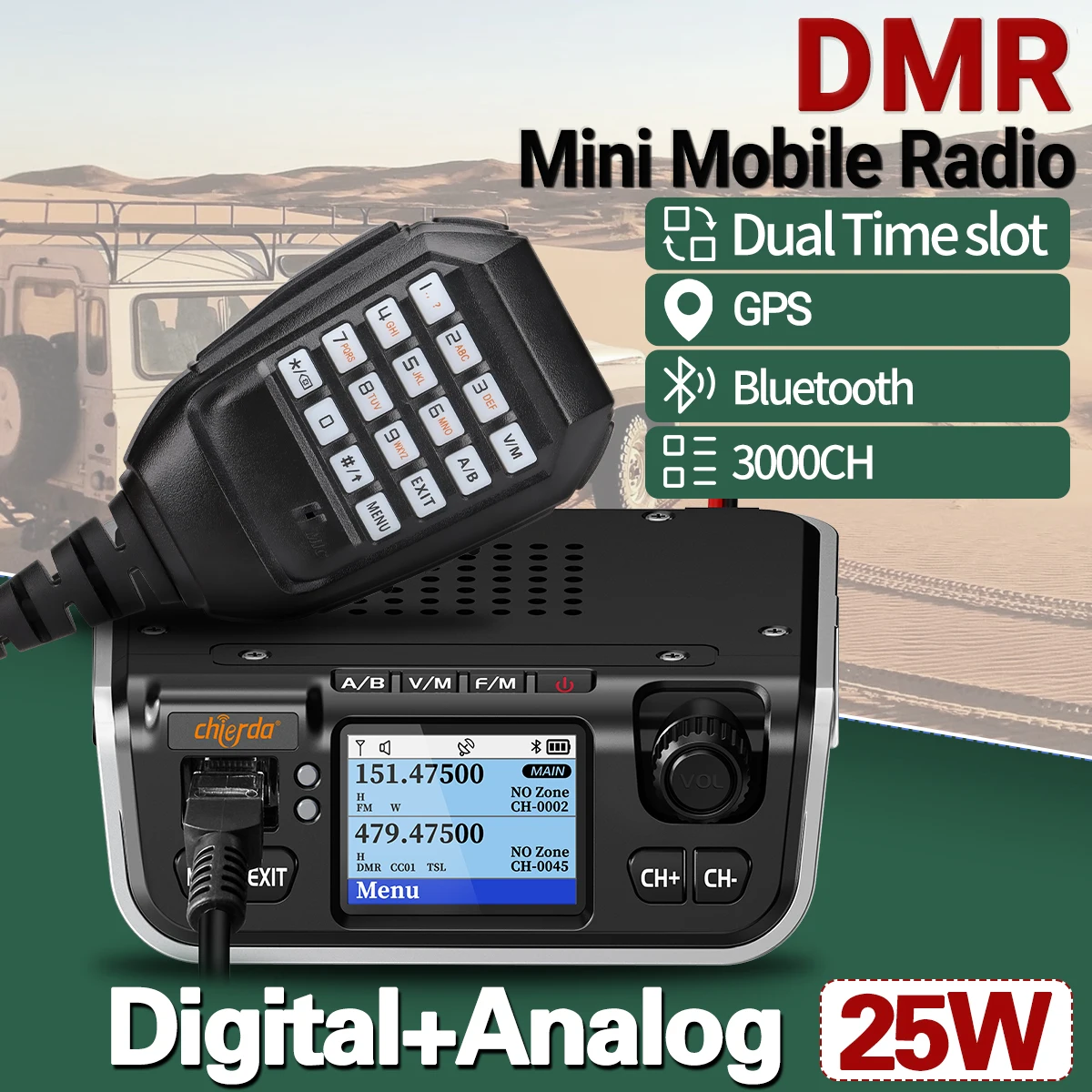 

Цифровая мобильная радиостанция Chierda DMR 25 Вт GPS M520D, двухдиапазонная, аналоговая, с двумя таймслотами, Bluetooth, VHF/UHF, HD Voice, автомобильная рация