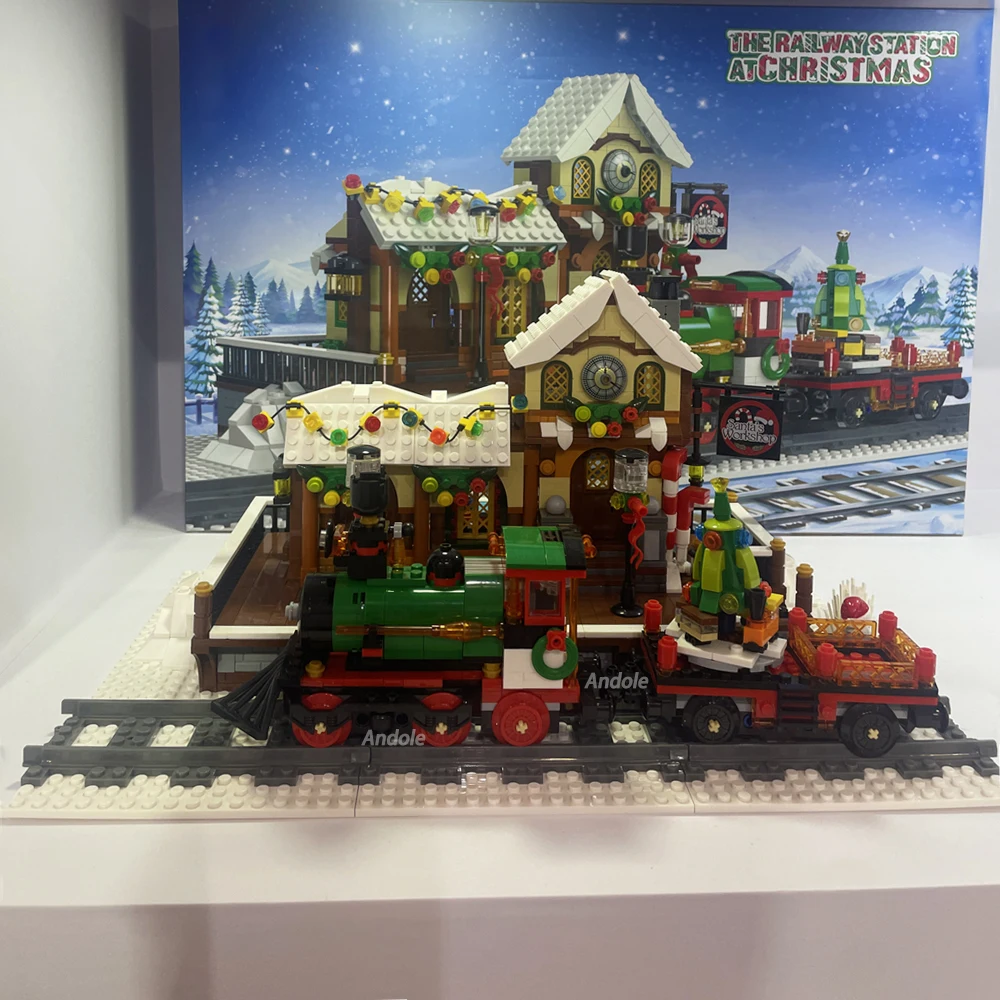 

Street View Winter Train Station Building Block City Christmas Rail Train Model Bricks Assembled Toys For Children Gift MOC