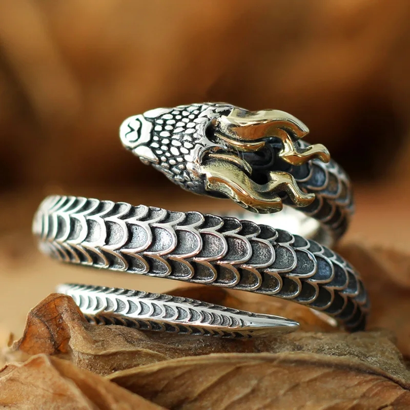 Buyee 925 Sterling Silver Male Unique Ring Finger Horned snake Animal Open Ring for Men Fashion Punk Fine Jewelry Circle Gift - Image 3
