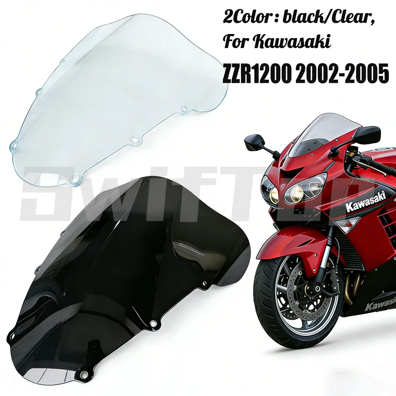 Motorcycle Windscreen Windshield Fit For 2002 - 2005 Kawasaki ZZR1200 ZZ-R 1200 ZZR 1200 2003 2004 Black Clear Wind Deflectors