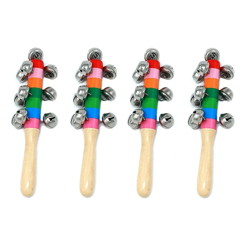 4 ชิ้นมือ Jingle Bells, Rainbow Handle ระฆังไม้ Jingle Stick Shaker Rattle เด็กทารกเด็กดนตรี