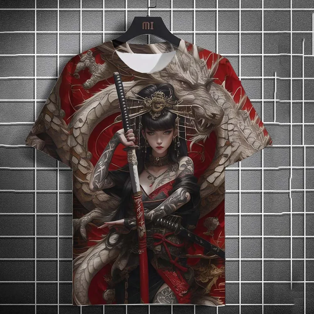 Cyberpunk Anime Lady 3D Print Men T-shirt Polyester Dragon Tattoo Graphic Short Sleeve Casual Tee