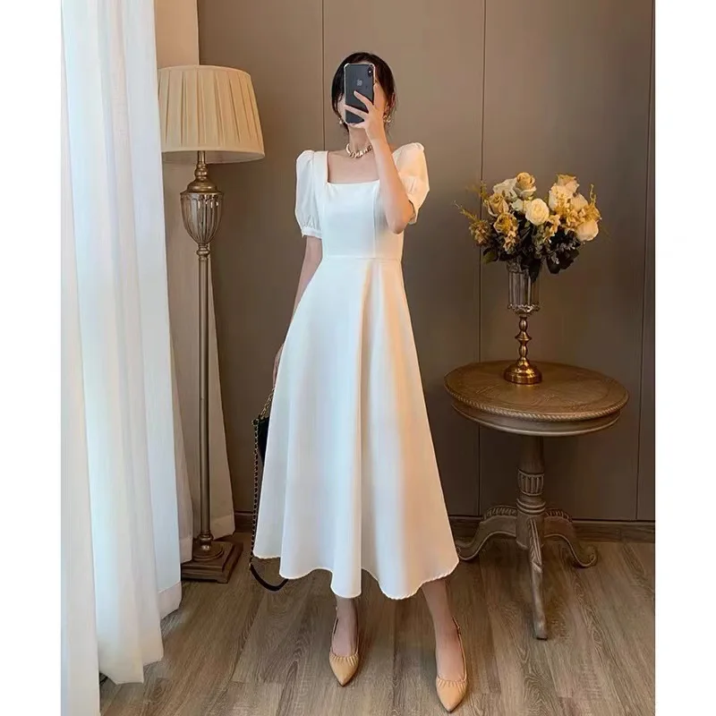 Black Dress Women's Summer New Temperament Square Collar Knee Long Hepburn Dress