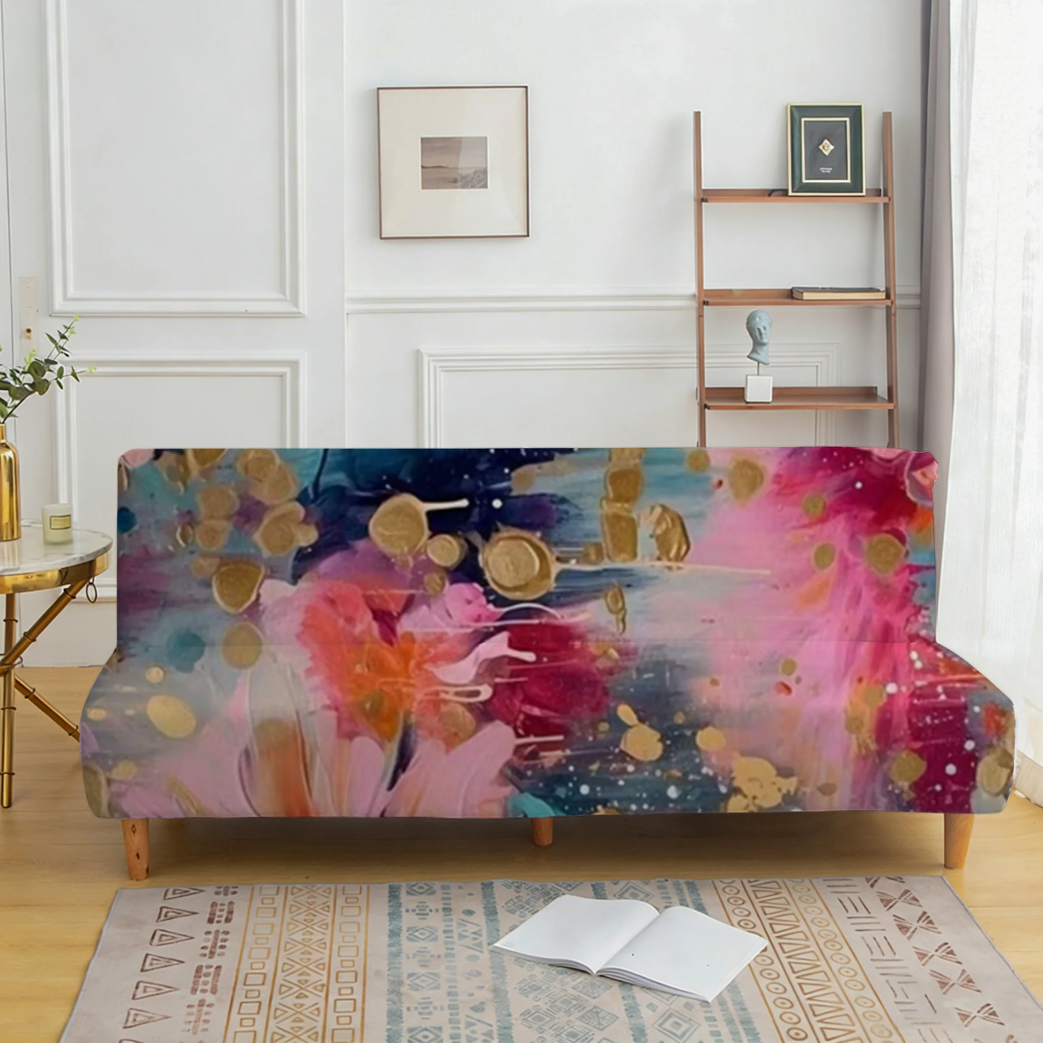 Abstract oil painting flower sofa bed cover, armless elastic sofa cover, dustproof and non-slip furniture protective cover