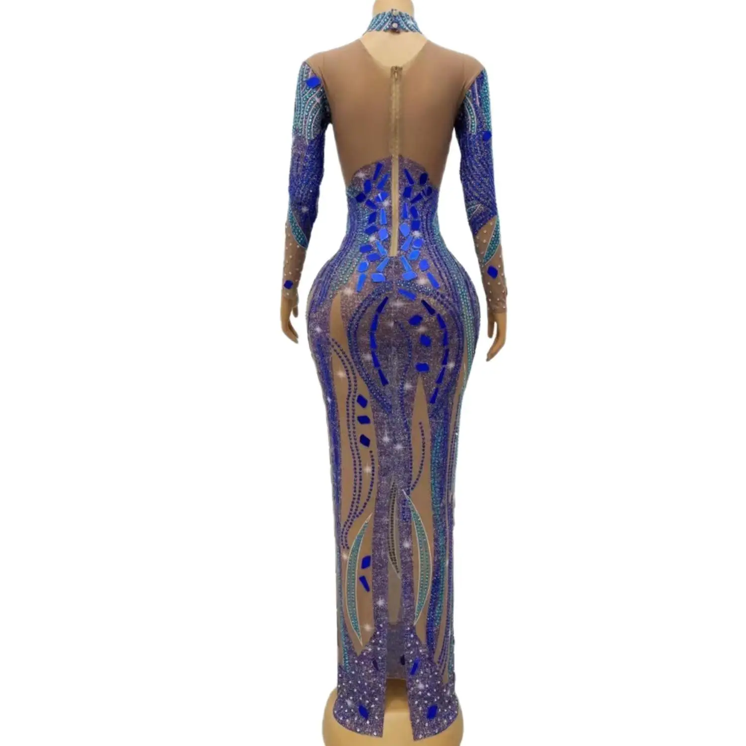 Xingkongding-Robe de Rhde luxe à col rond transparent pour femmes, robes longues bleues sexy pour filles, diamant noir, fente latérale, fête de Rh, quelque soit Xingkongding, 2024