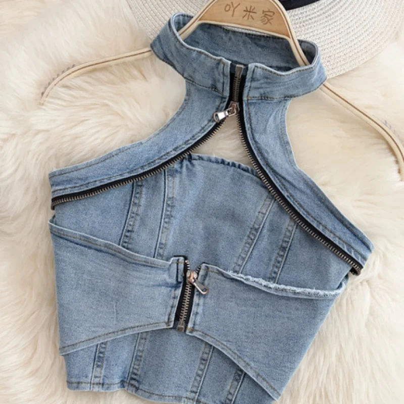 Denim Short Skirt Set Open Back Spicy Girl Spring Summer New Vintage Hanging Neck Sexy Party Short Top Half Two Piece Set