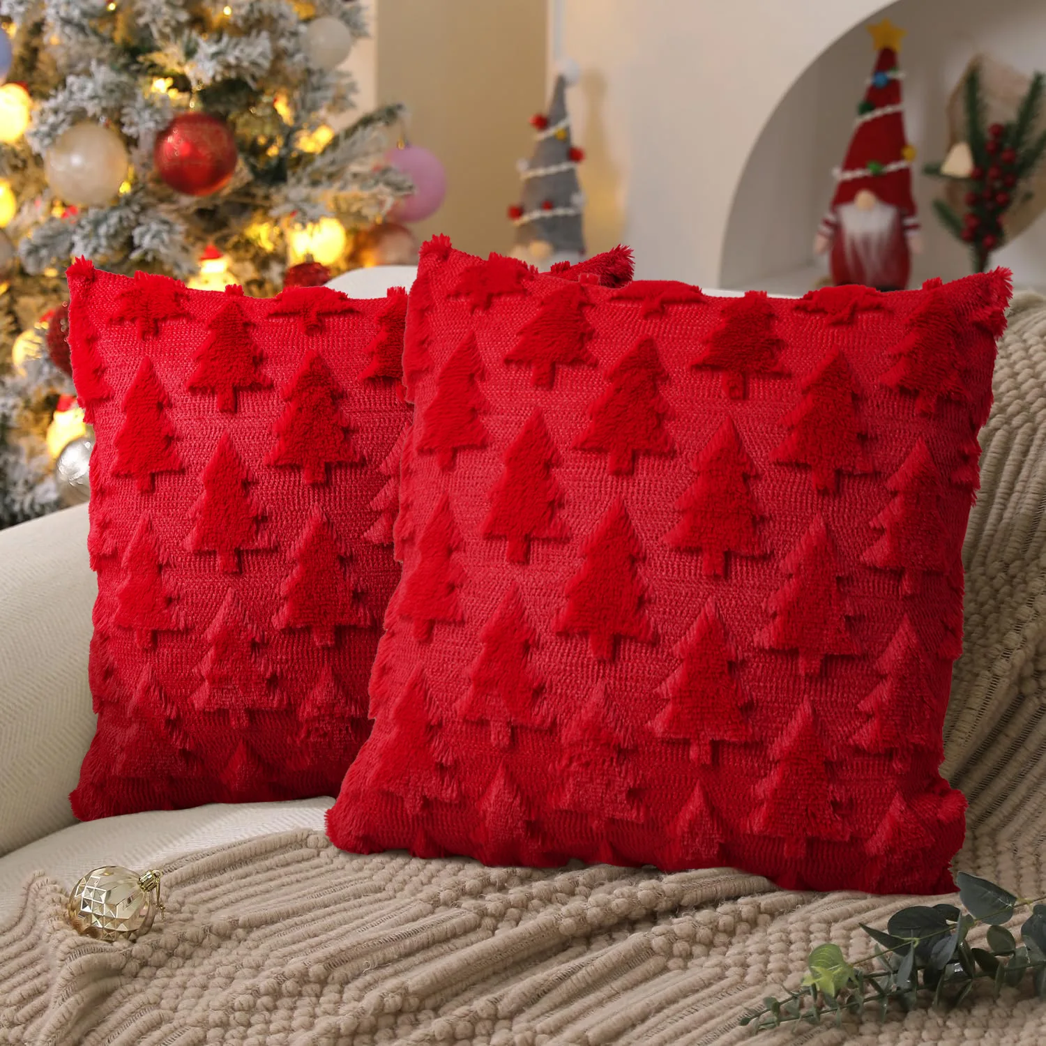 Rote Weihnachtskissen-Kissenbezüge, 45 x 45 cm, Winterdekoration, Plüsch-Sofakissen aus Kunstwolle für Bett, Wohnzimmer, Heimdekoration