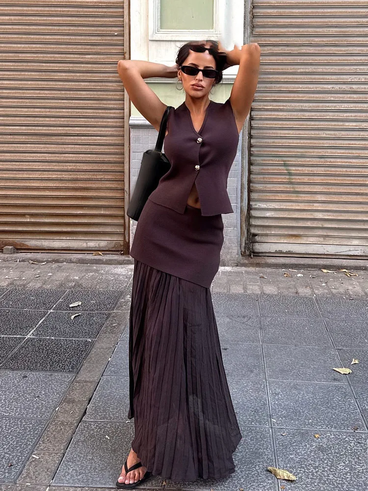 HH Femael Set V-Neck Sleeveless Single Breasted Knitted Vest+High Waist Side Zipper Splicing Skirts Women Fashion Suits