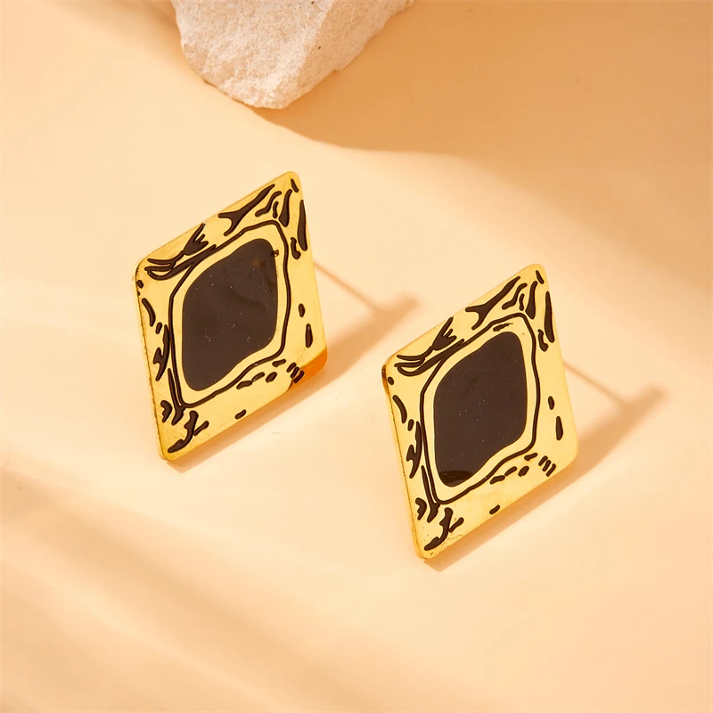 DIEYURO 316L Stainless Steel Black Droplet Oil Rhombus Pattern Earrings Womens Fashion New Current Ear Jewelry Lady Gift Party image 4