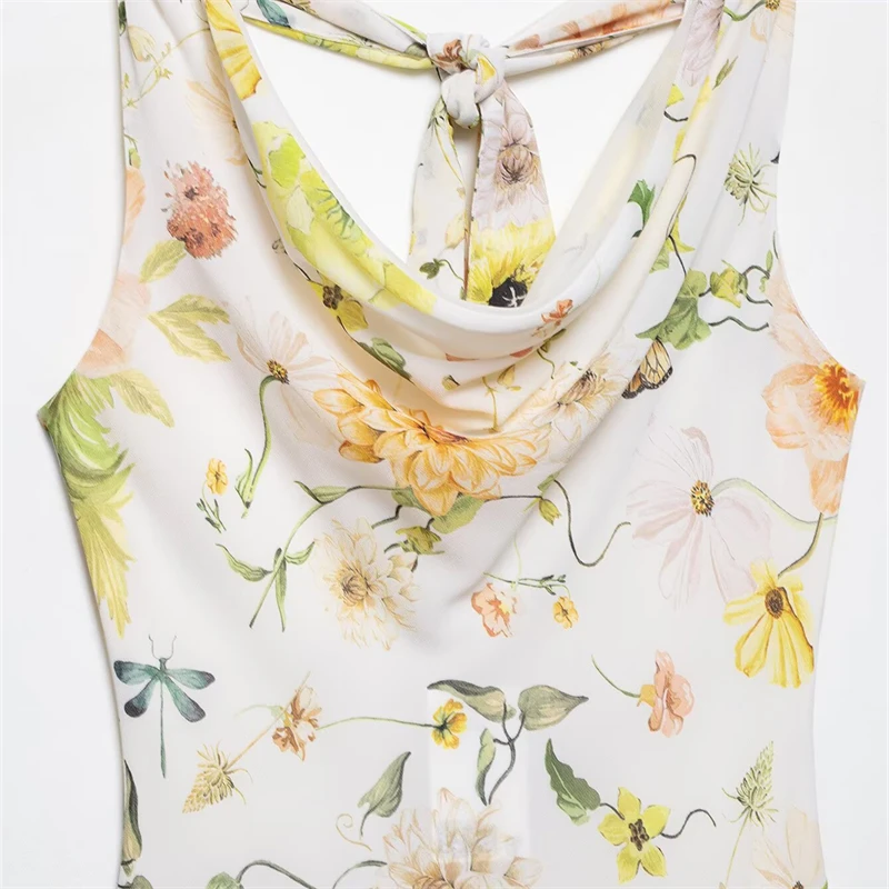 KEYANKETIAN ผู้หญิงดอกไม้พิมพ์ Halter Backless ชุดชีฟองไม่สมมาตรฉัตร Slim วันหยุดลมแกว่งคอ MIDI ชุด