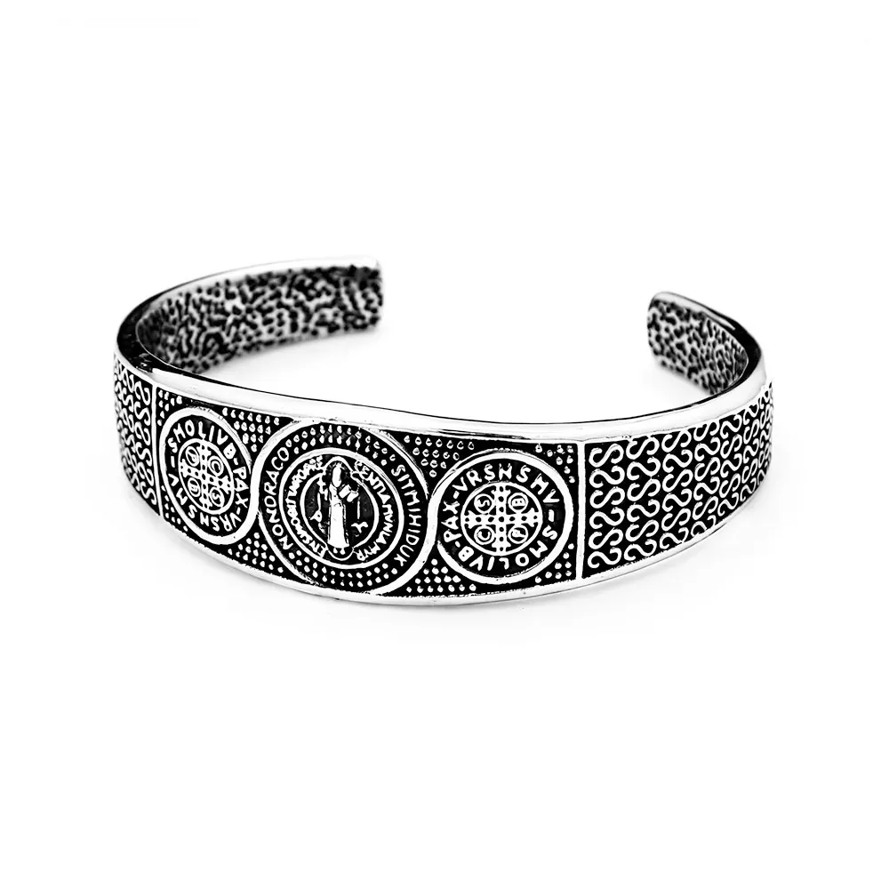 Vintage Heiliger Benedikt Exorzismus-Medaille Edelstahl Offener Armreif Unisex Katholischer Gläubiger Täglicher Glaube Modeschmuck Geschenk – Detail 2