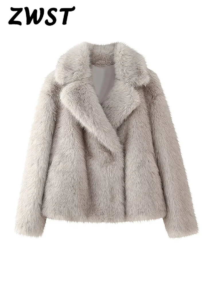Moda Krótka kurtka damska ze sztucznego futra z pełnym rękawem Ciepły kardigan damski 2024 Jesień Zima Luźny elegancki płaszcz damski z klapami