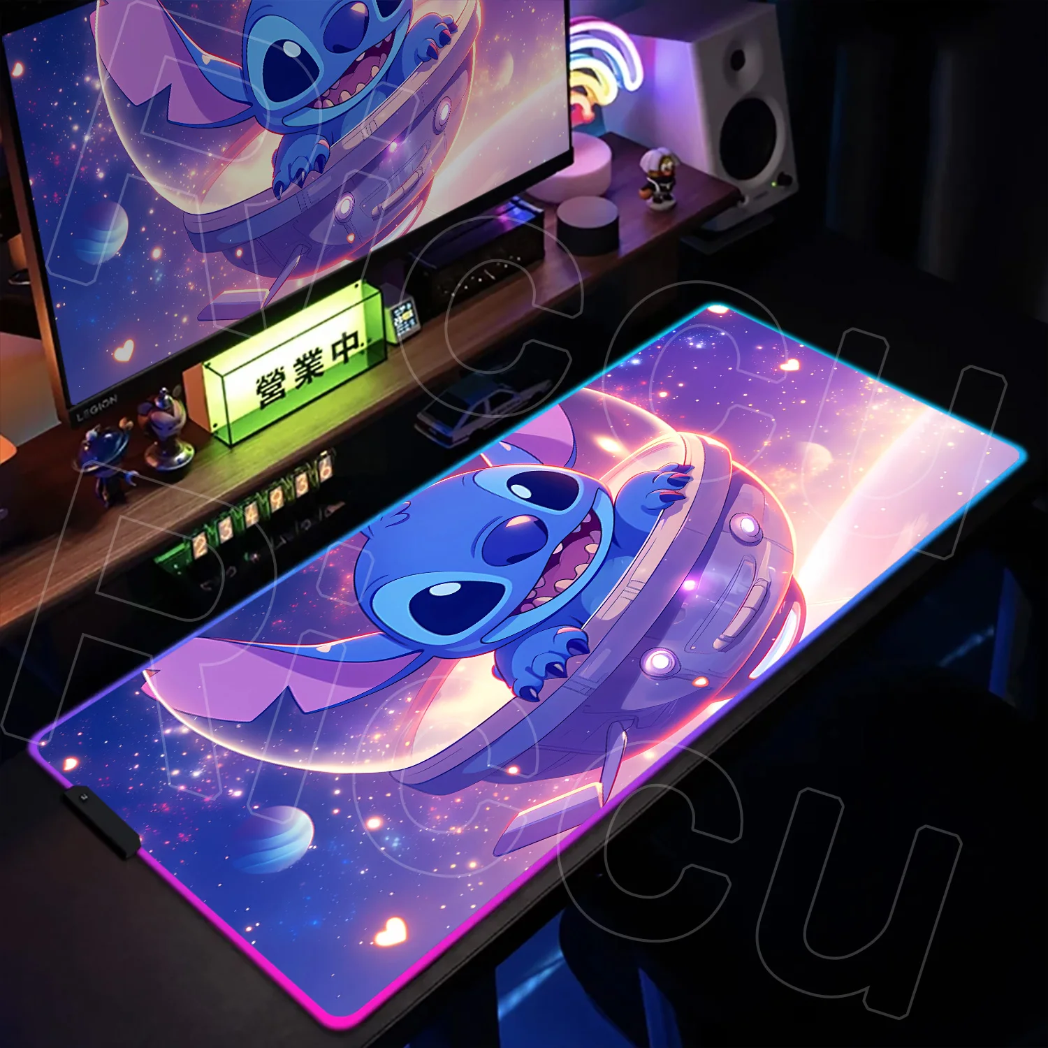 

XXL RGB LED Light Lumines Gamer Carpet Large Computer Anime Mousepad Kawaii Stitch Backlight Deskmat Non-slip Keyboard Mausepad
