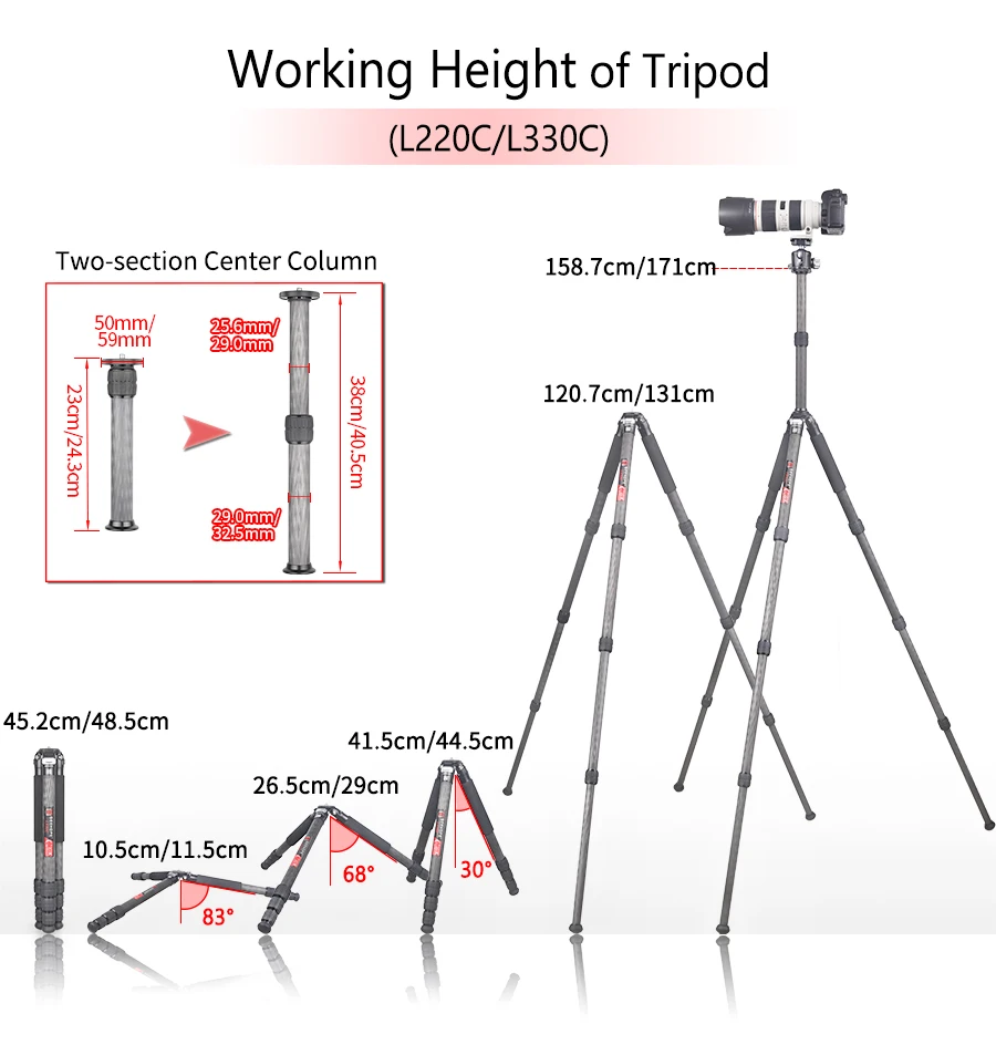 GEEHOPE L220C/L330C Compact Carbon Fiber Tripod Professional Camera Stand for DSLR Video Camcorder Load 25kg add Center Column