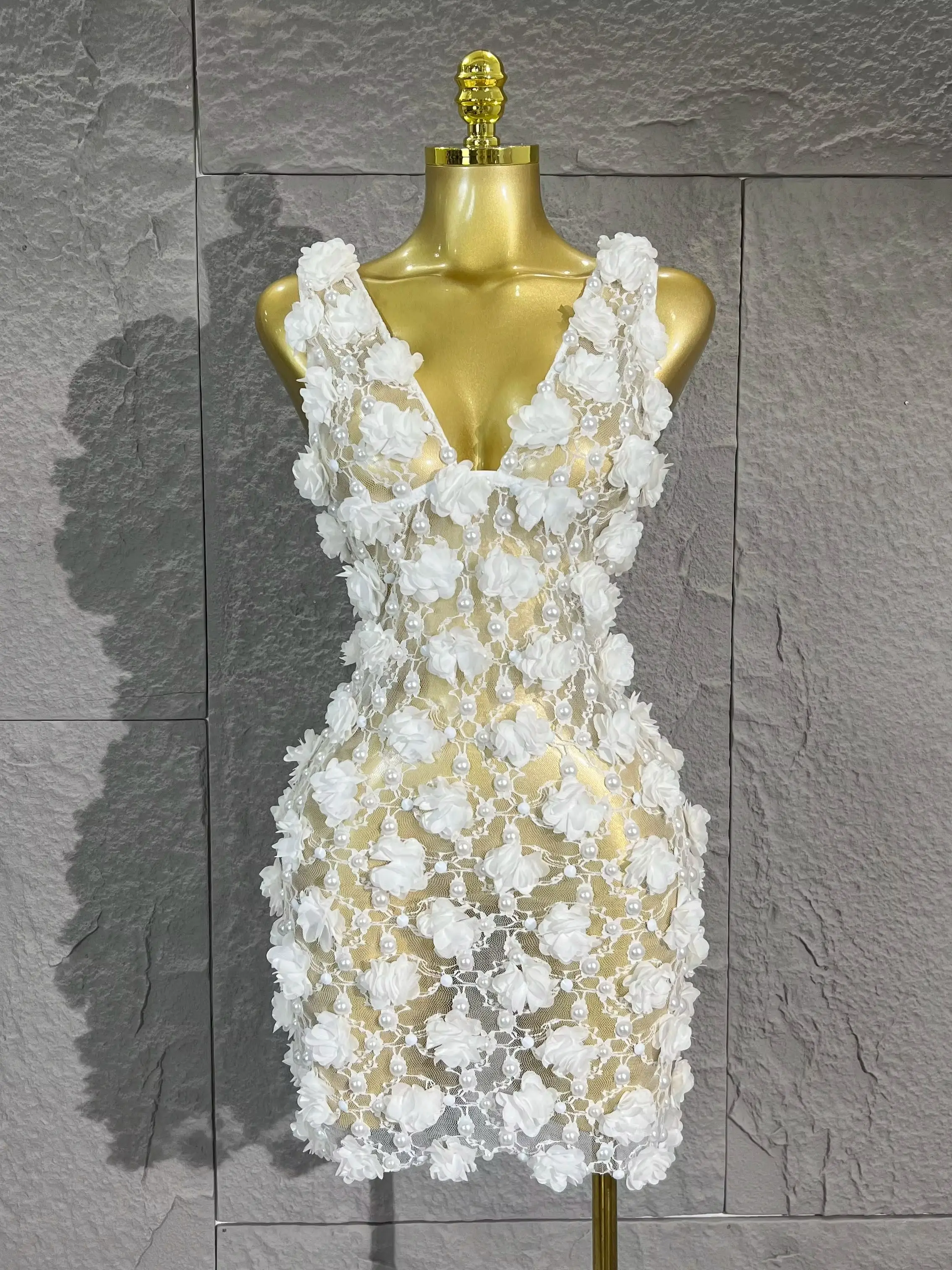 Women White V Neck Mini Dress 3D FloralPearl Sheer Mesh Bodycon GownSleeveless Bachelorette Birthday PartyPhotoshoot Club Outfit