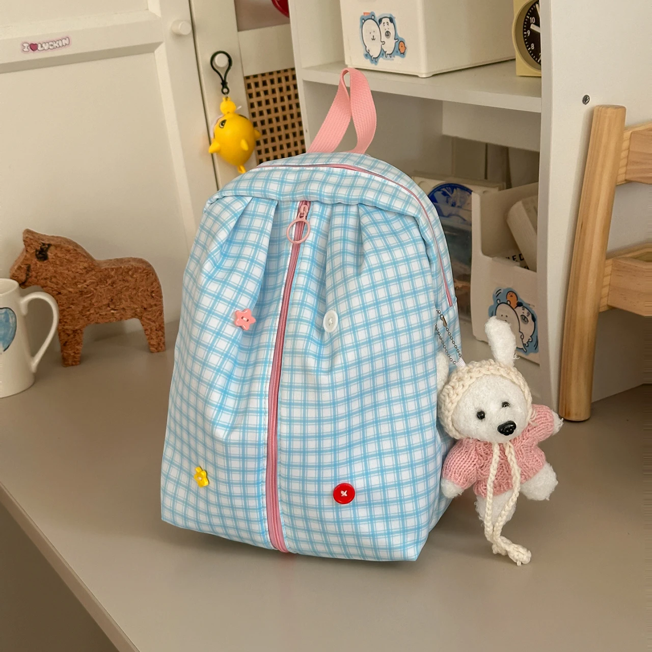 Cute Plaid Canvas Backpack Sweet Colorful Buttons Decor School Bag Casual Light‑weight Travel Daypack Women Girls Small Backpack