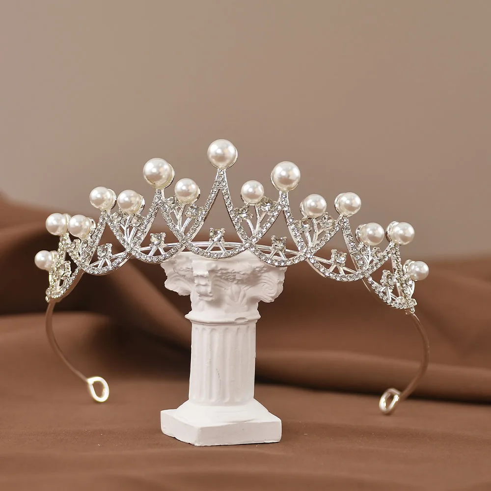 Children\'s Crown Pearl Rhinestone Crystal Bridal Tiara Temperament Headdress Princess Shape High-end Dress Accessories