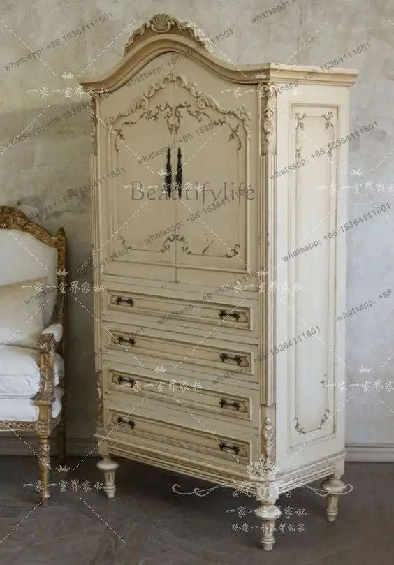 YJ American solid wood carving flower wardrobe French retro painted children's double door locker wardrobe storage cabinet furn