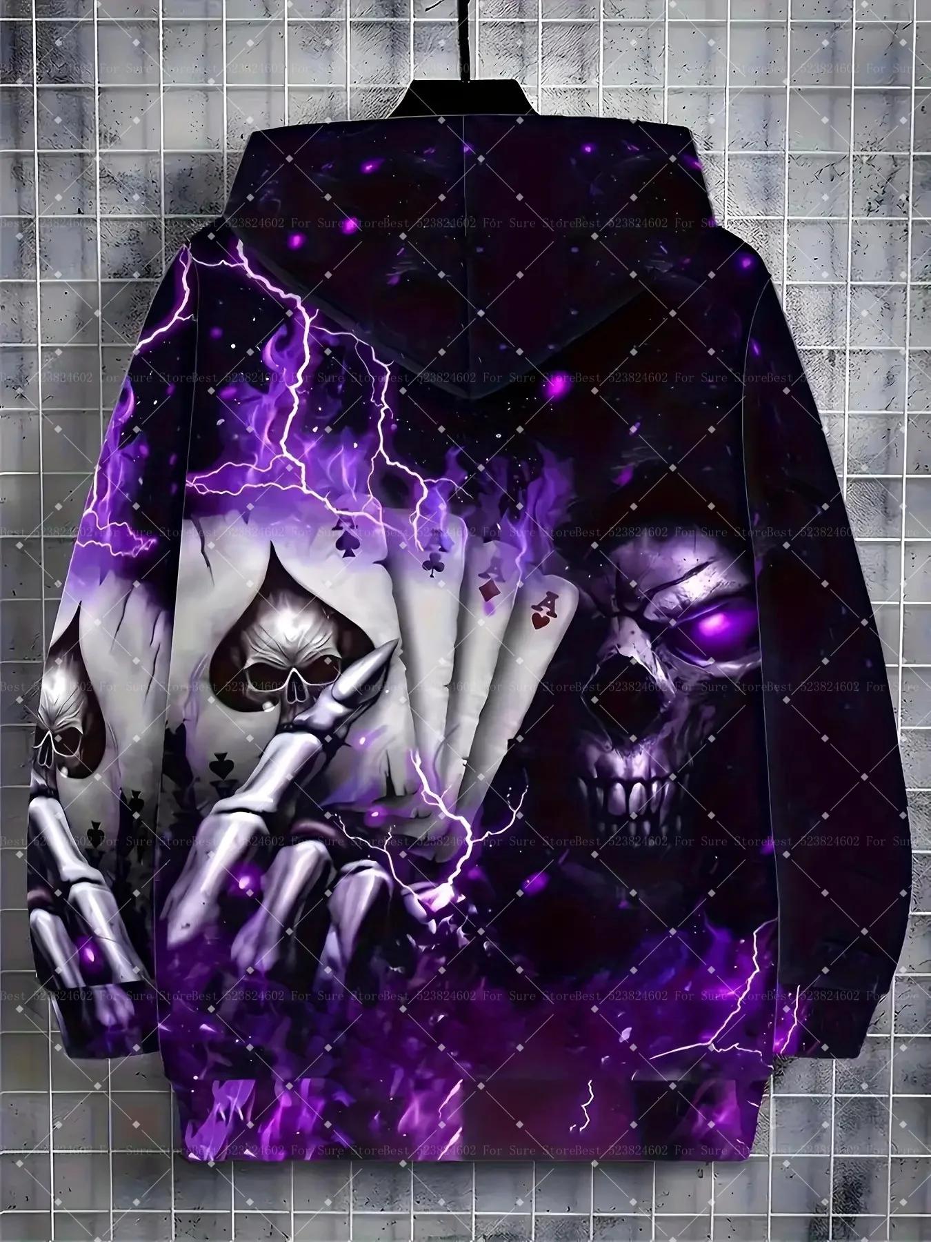 سترة رجالية مقاس كبير ثلاثية الأبعاد مطبوعة بسحاب كامل مع جمجمة قوطية أرجوانية البرق ملابس علوية شديدة التحمل سترة نسائية بغطاء للرأس للأطفال #4