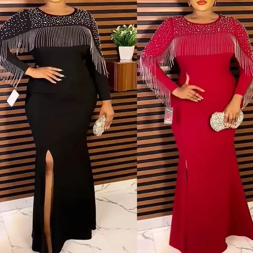 

Fashion Elegant Mermaid Dress for Women Diamond Tassel Plus Size Bead African Ankara Dashiki Formal Evening Dresses Kaftan Abaya