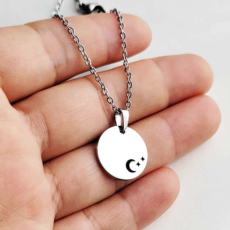 1pc Simple Moon Star Sun Heart Stainless Steel Pendant Necklace Round Disc Charms Chains Women Girls Fashion  Jewelry Gift