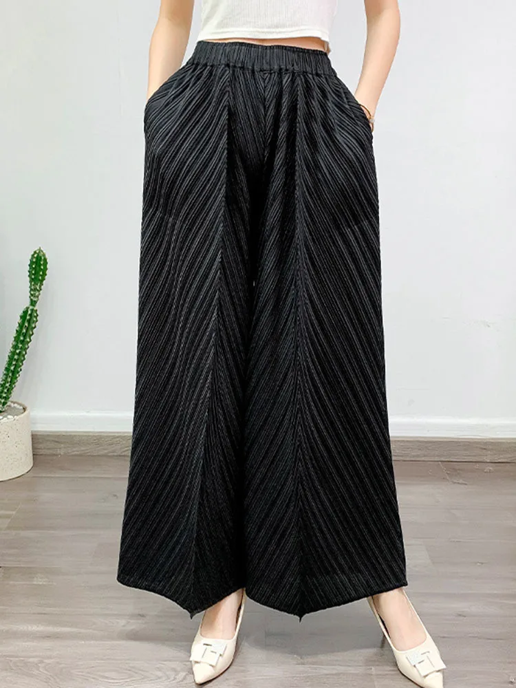 LANMREM Pleated Pants For Women Casual High Elastic Waist Straight Wide Leg Trousers Female Clothing 2024 Autumn New 2YA1628