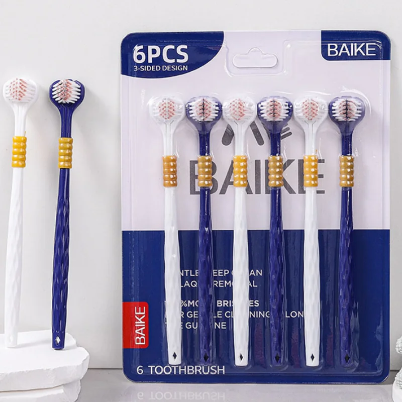 **6Pcs/Set Family Soft Bristled Three Sided Toothbrush - Efficient Cleaning Three Headed Manual Toothbrush