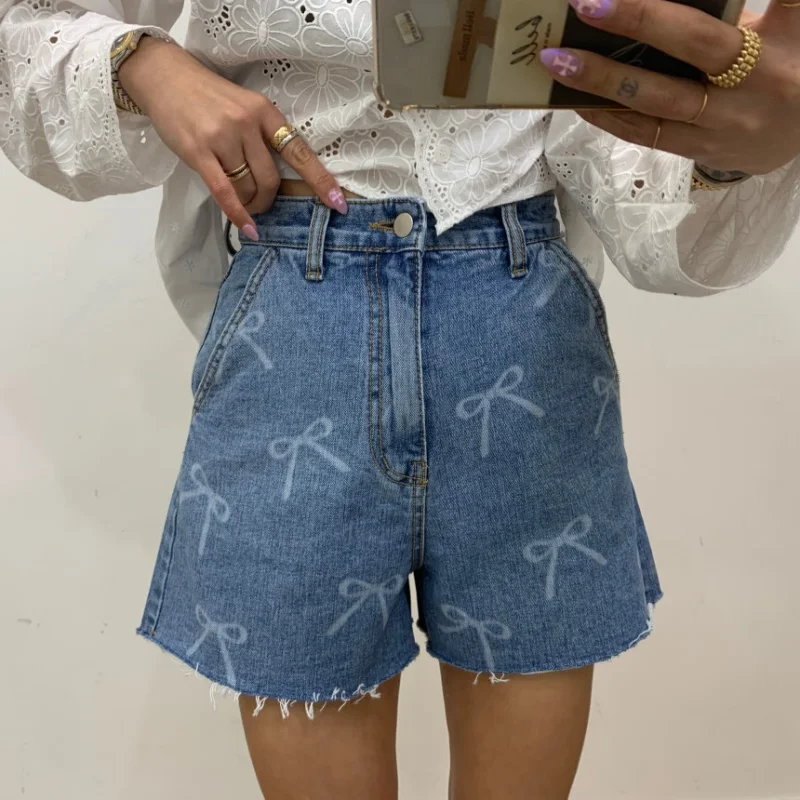 

2026 Summer Y2K Fashion Bow Print Washed Blue Baggy Women's Short Jeans Pants For Woman Clothing Korean Casual Denim Trousers