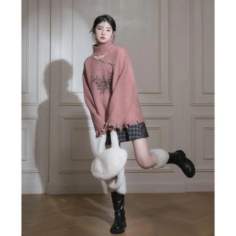 Chinese Style Butterfly Printing Sweet Sweater Women Autumn Winter Hollow Out Fashion Knitwear Trend All-match Knitting Tops