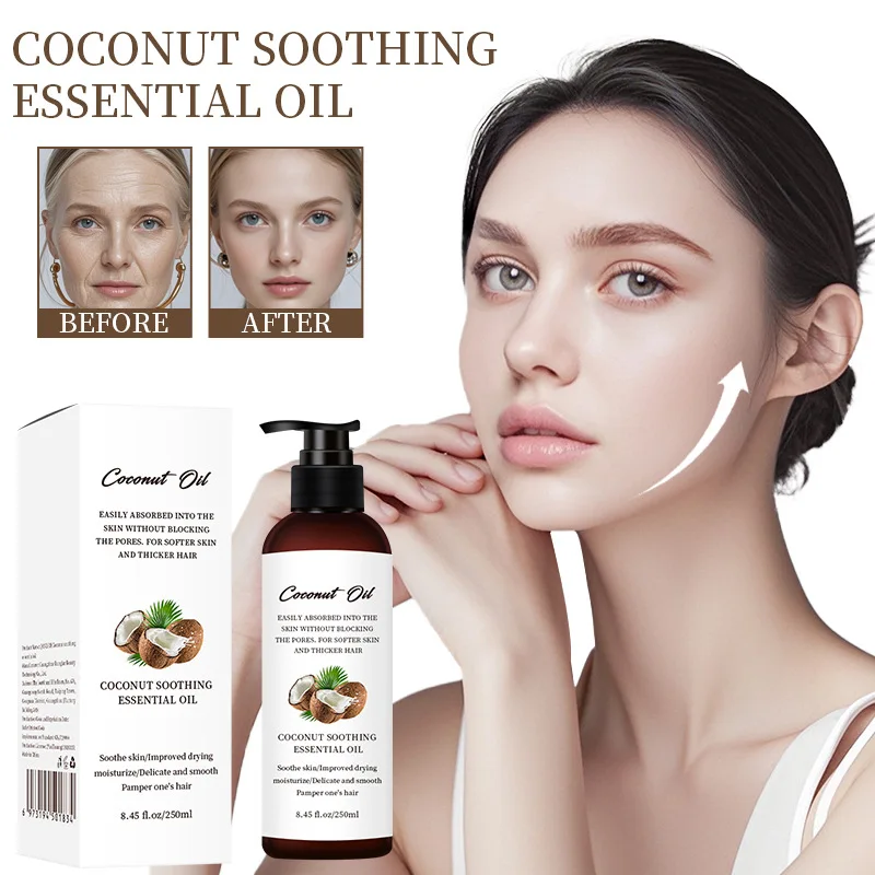 

250ml Pure Coconut Essential Oil, Hydrating and Moisturizing Brightening Facial Skin and Hair Care Essential Oil Massage Health
