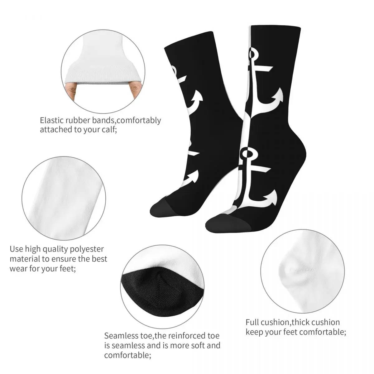 Casual Nautical White Black Anchor Sports Socks Polyester Middle Tube Socks for Women Men Breathable